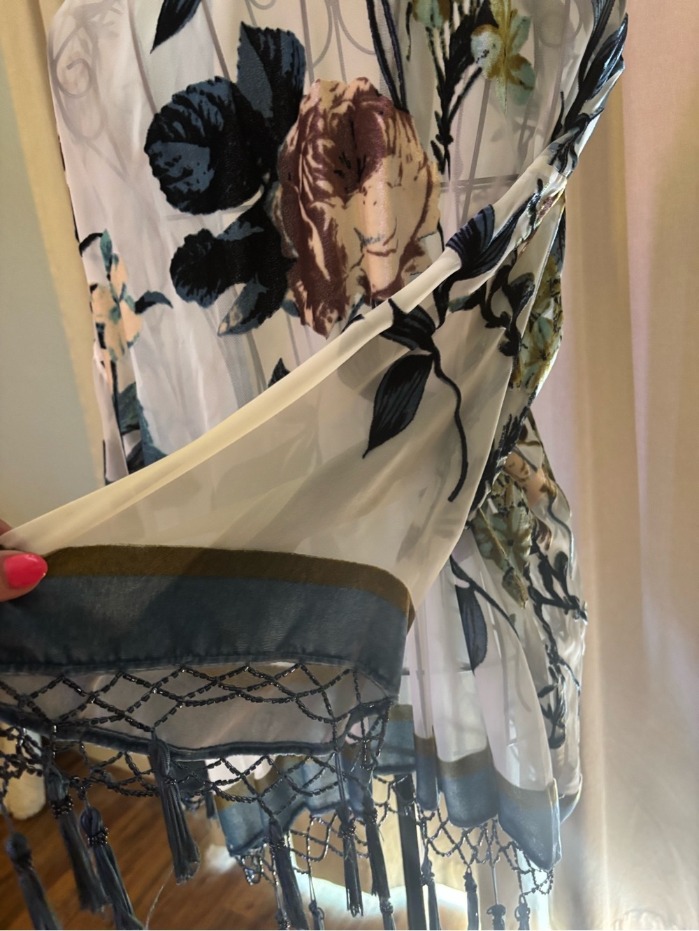 Chico's White Sheer Floral Kimono with Blue and Green Accents - Picture 12 of 14